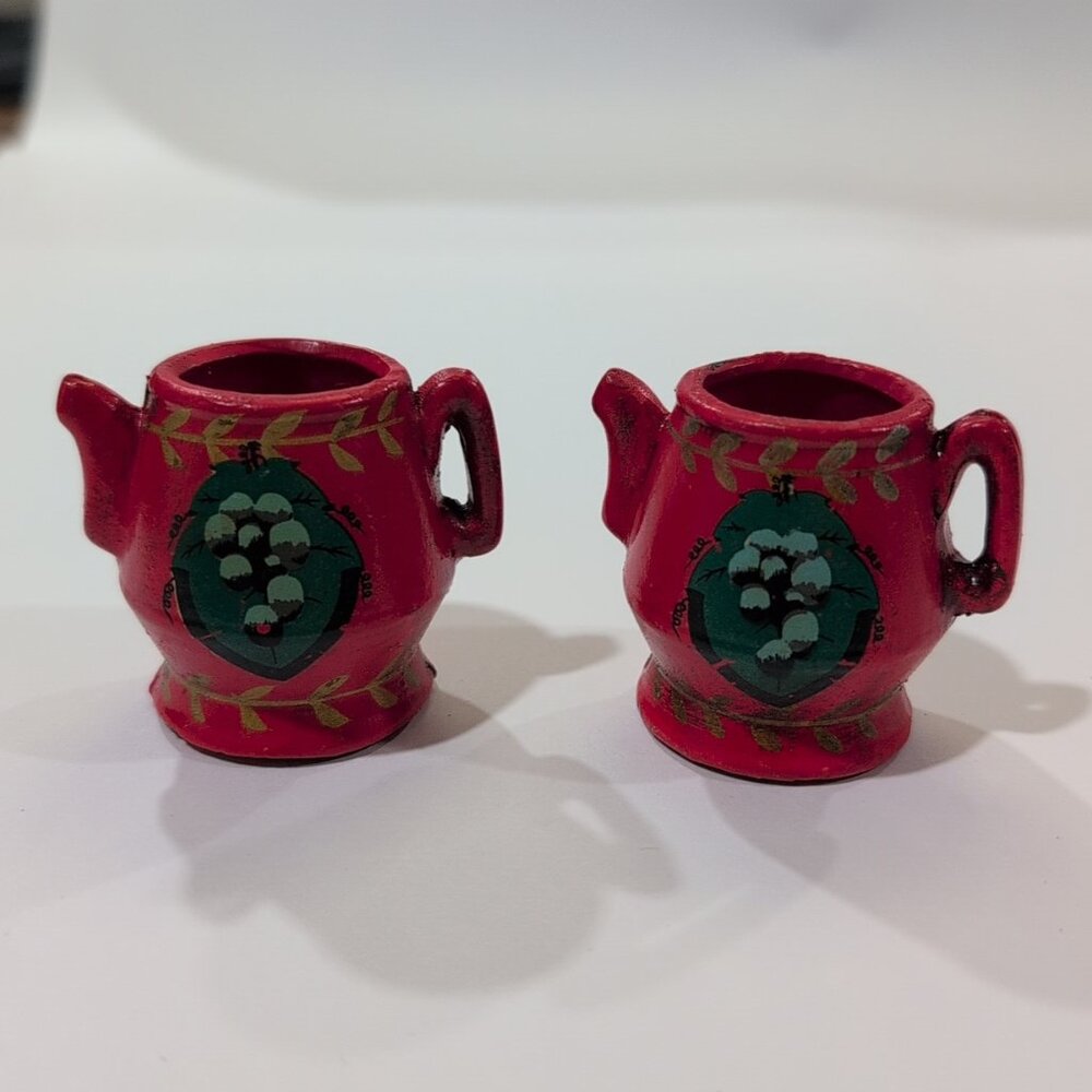 Vintage Our Own Import Red Tiny Chalkware Tea Pots | Knick Knacks | Doll Sized